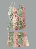V-Neck Vintage Flowers Print Suspender Skirt Tankini Pantskirt Set Swimsuit
