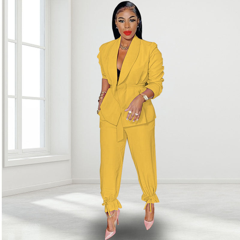 Spring Autumn Color Lace-up Long Sleeve Small Blazer Jogger Pants Suit