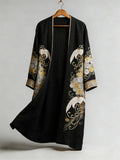 Comstylish Japanese Cranes & Chrysanthemum Floral Flowy Linen Long Kimono