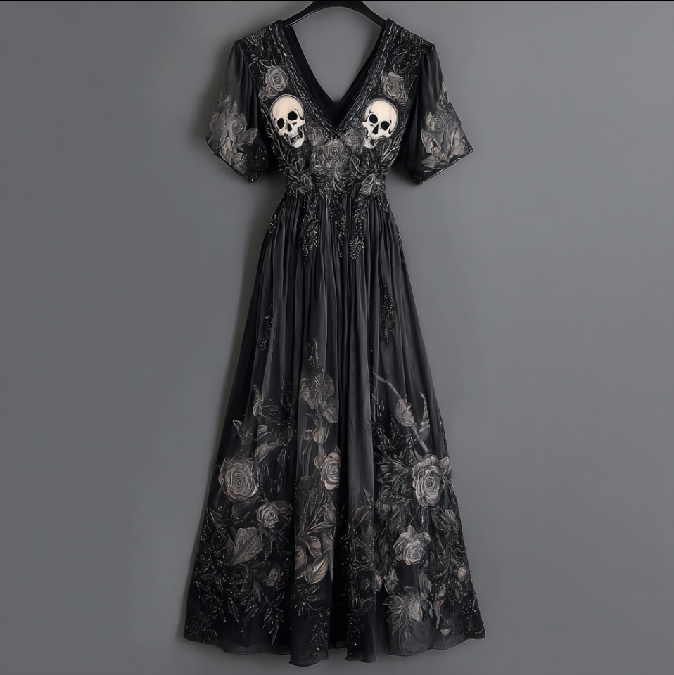Halloween Skeleton Element V-neck Short Sleeve Dress elevenforest