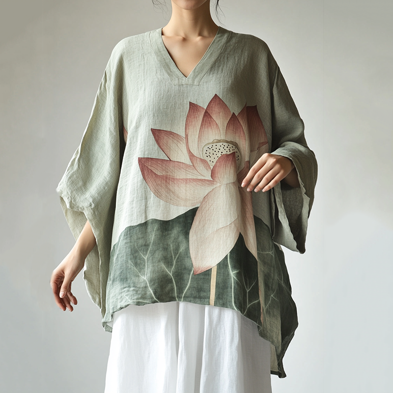Boho Floral Lotus Print Cotton And Linen Blend Loose Blouse elevenforest