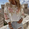 Women's Pink Rose Embroidery Art Round Neck Casual Sweatshirt elevenforest
