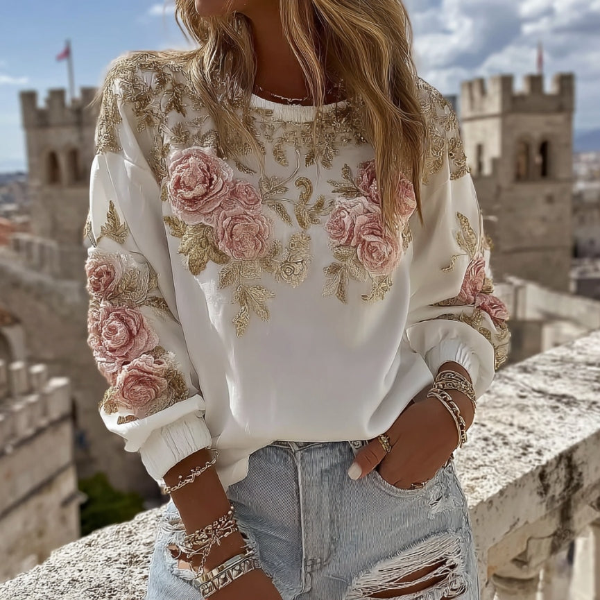Women's Pink Rose Embroidery Art Round Neck Casual Sweatshirt elevenforest
