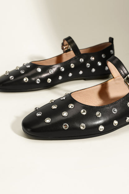 Studded Rhinestones Mary Jane One-line Buckle Ballet Flats