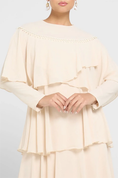 Long Sleeve Crew Collar Layered Maxi Dress White