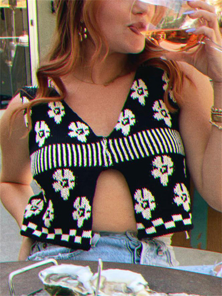 Tossy Printed Cropped Top Vest – Contrast Sleeveless V-neck Tank Top for
