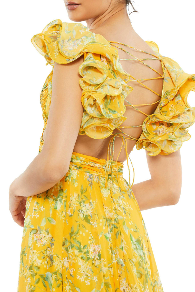 V-neck Cut-out Backless Ruffle Hem Maxi Dress Yellow