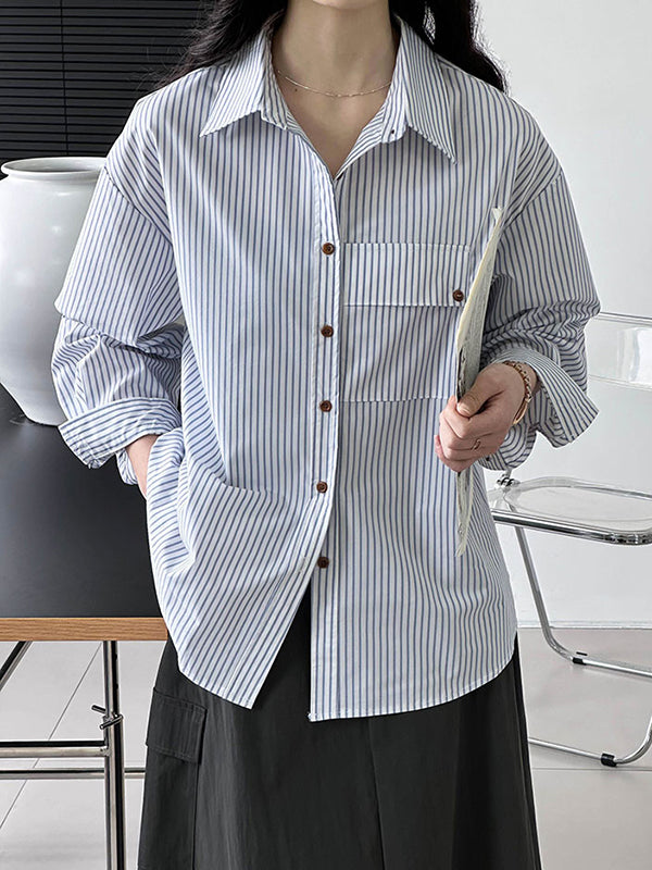 Long Sleeves Loose Buttoned Pockets Striped Lapel Blouses&shirts Tops