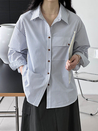 Long Sleeves Loose Buttoned Pockets Striped Lapel Blouses&shirts Tops