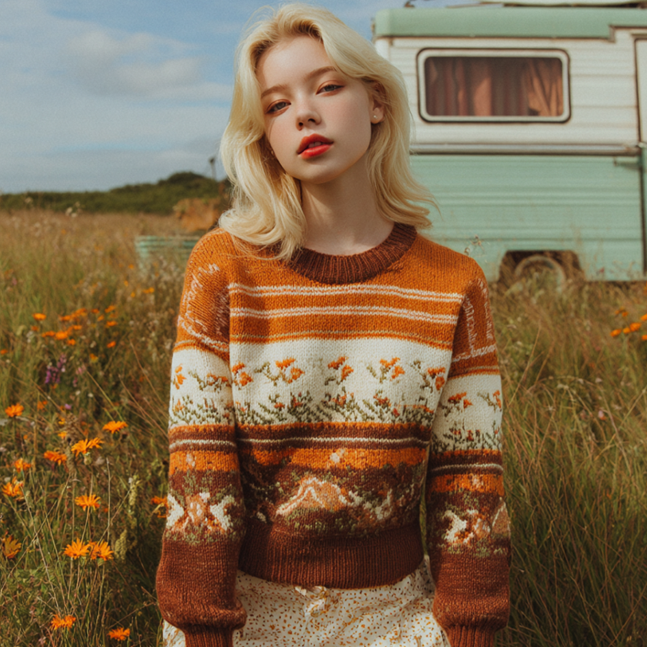 Comstylish Retro Country Style Design Women's Round Neck Knit Sweater