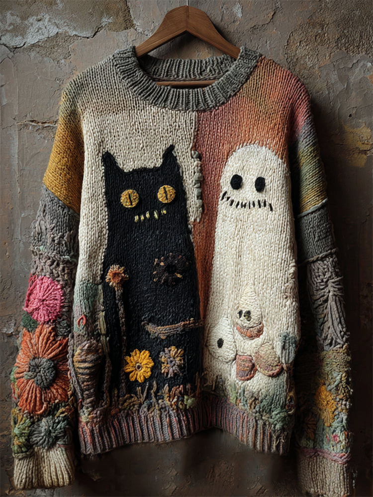 Comstylish Halloween Ghost & Black Cat Floral Colorblock Cozy Knit Sweater