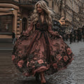 Vintage Black Floral Lace Art V Neck Long Sleeve Maxi Dress elevenforest