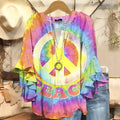 Womens Hippie Peace Tie Dye Pattern Print Casual Ruffle Sleeve Top