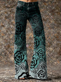 Women's Vintage Green Gradient Rose Art Print Casual Slim Denim Wide Leg Pants
