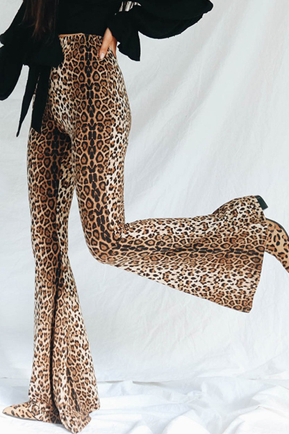 Street Animal Print Leopard Patchwork Basic Boot Cut High Waist Full Print Bottoms