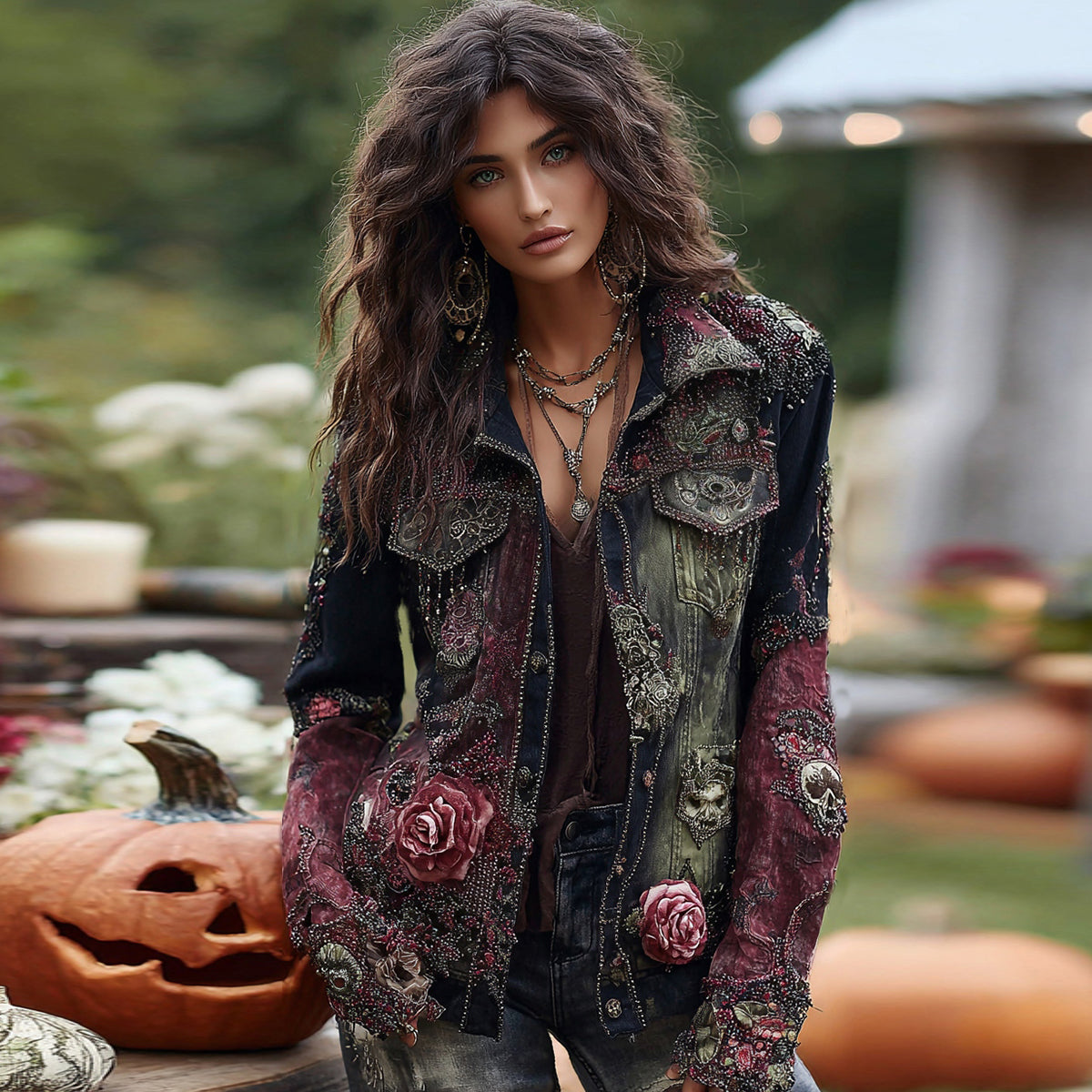 Rose And Skull Embroidered Gothic Gradient Denim Jacket elevenforest