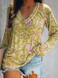 Women's Casual Vintage Ethnic Floral Art Print V Neck Long Sleeve Tops