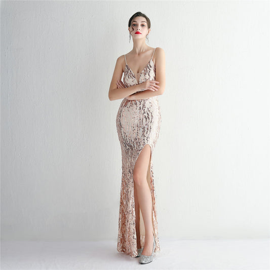 Sequined Long Camisole Gown Cocktail Slim Fit Evening Dress Fishtail