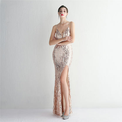 Sequined Long Camisole Gown Cocktail Slim Fit Evening Dress Fishtail