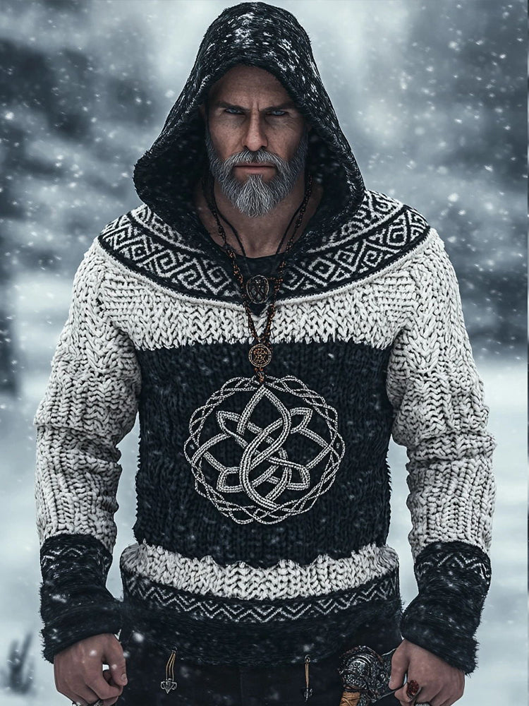 Men's Viking Celtic Knot Jacquard Cozy Knit Hooded Sweater elevenforest