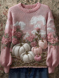 Thanksgiving Pumpkins Pink Floral Beaded Cozy Knit Sweater elevenforest