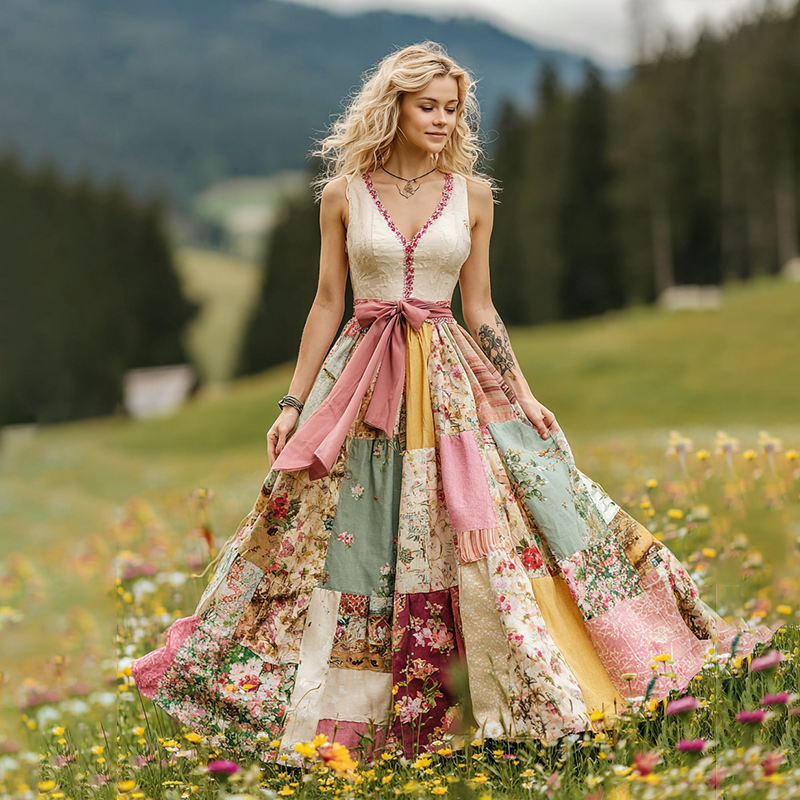 Women's Vintage Floral Art V Neck Comfy Maxi Dress elevenforest