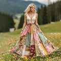 Women's Vintage Floral Art V Neck Comfy Maxi Dress elevenforest