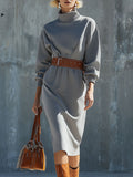 Casual Loose Grey Turtleneck Midi Dress