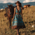 Vintage Western Horse Print V-neck Sleeveless Midi Dress elevenforest
