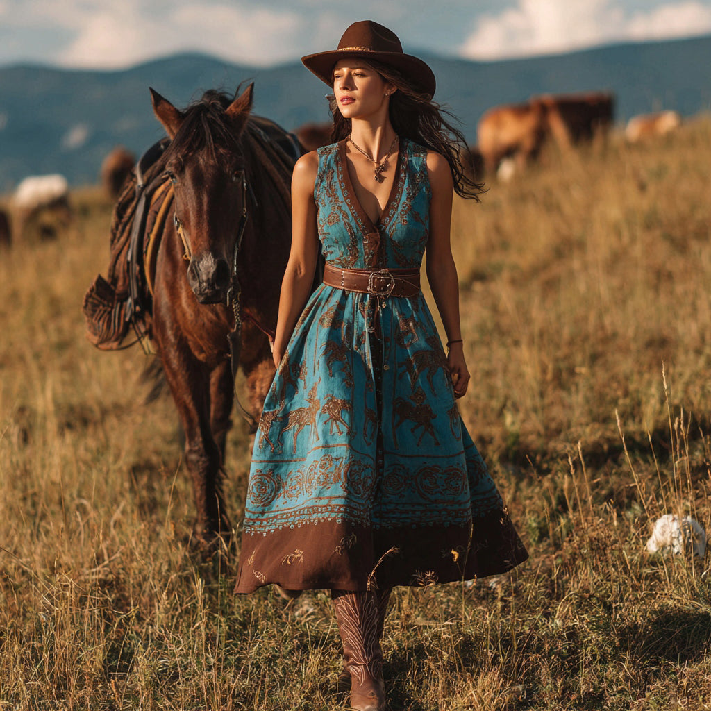 Vintage Western Horse Print V-neck Sleeveless Midi Dress elevenforest