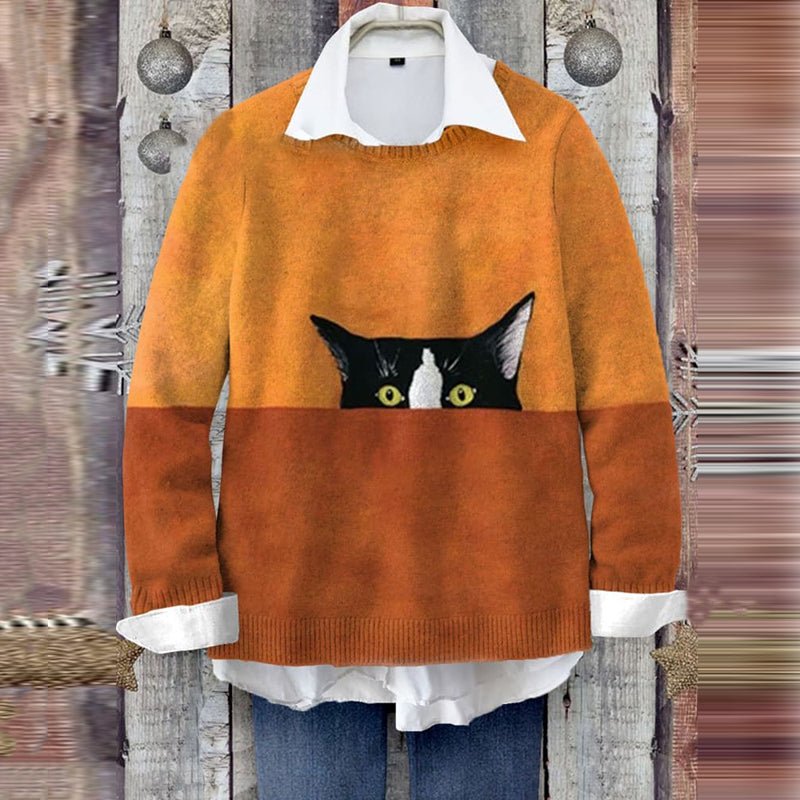 Comstylish Abstract Black Cat Art Print Knit Cozy Sweater