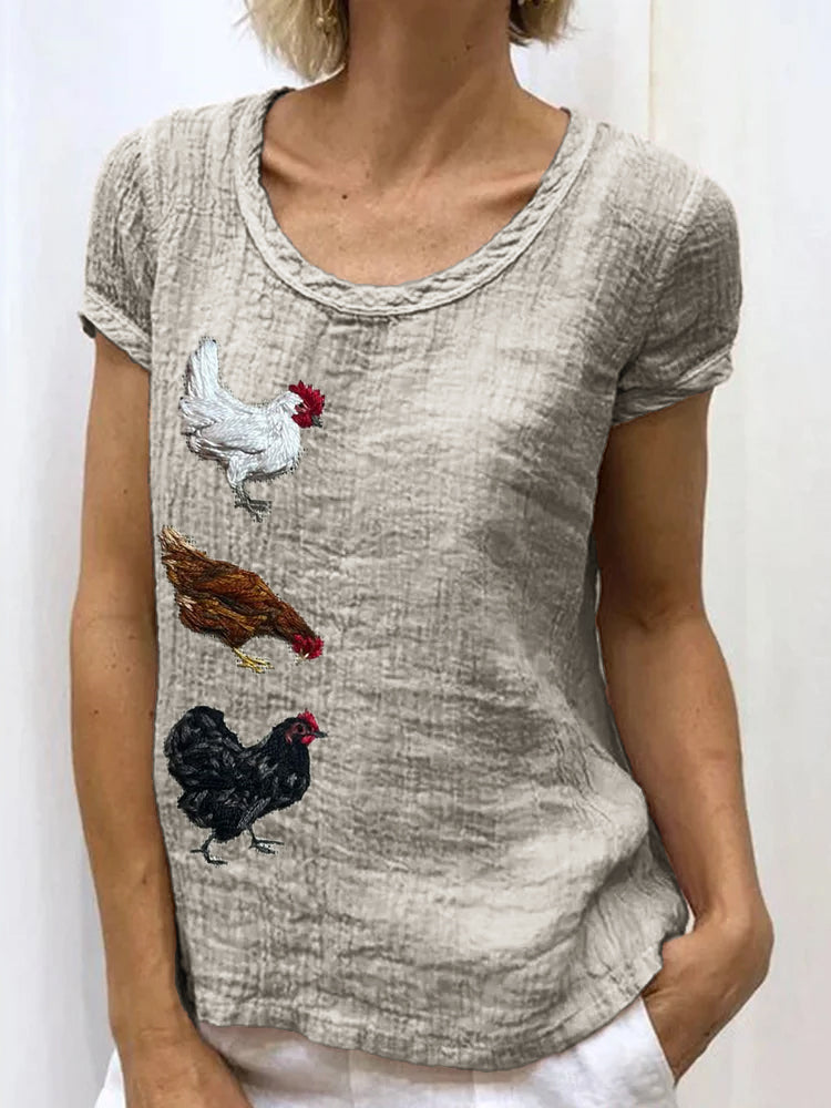 Comstylish Colorful Farm Chicken Embroidered Linen Shirt