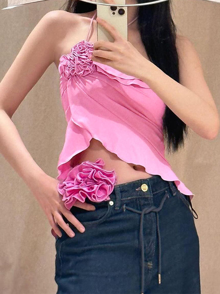 Taruxy Hot Crop Tops Flower Bandage Off Shoulder Tank Top Woman Holiday Ruffles Beach Backless Shirts