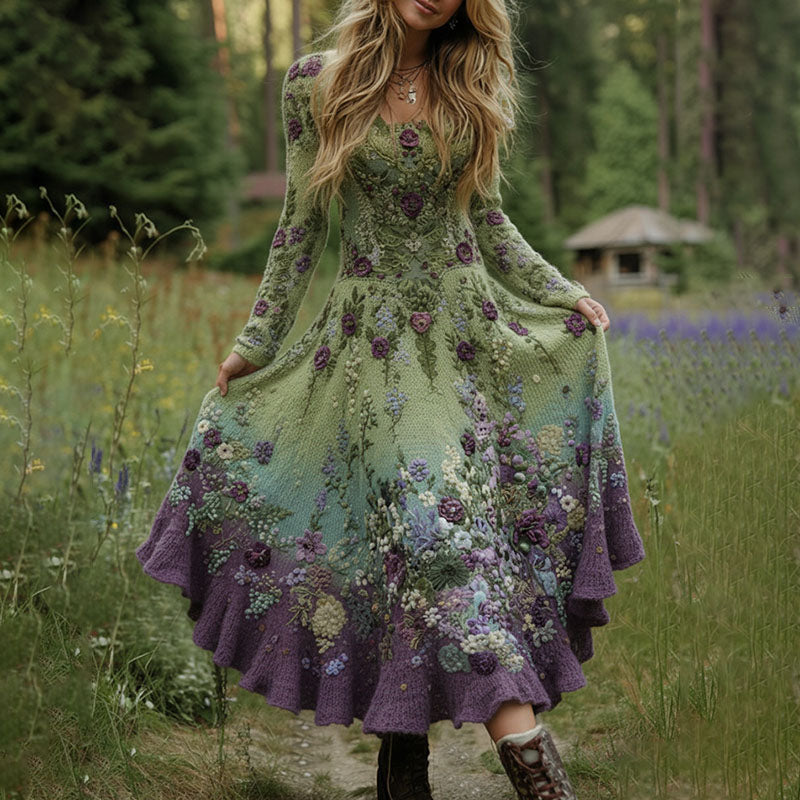 Classy Gradient Purple Lavender And Floral Art Cozy Knit Maxi Dress elevenforest