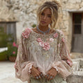 Women's Pink Flower Embroidery Art Round Neck Linen Blend T-shirt elevenforest