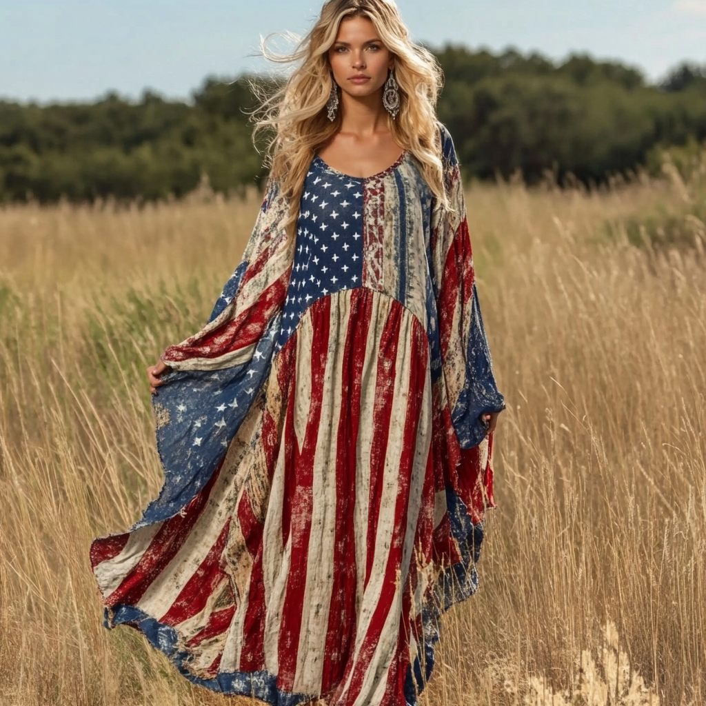 Nomad Spirit Ladies'  Independence Day American Flag Art Linen Long Kaftan Dress elevenforest