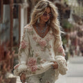 Women's Vintage Rose Floral Art Cozy V Neck Loose Sweater elevenforest