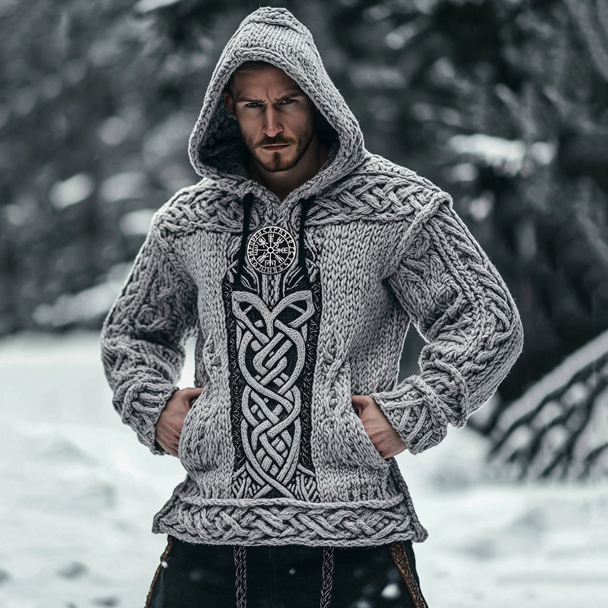Men's Vintage Viking Runes Celtic Cozy Chunky Hooded Sweater elevenforest