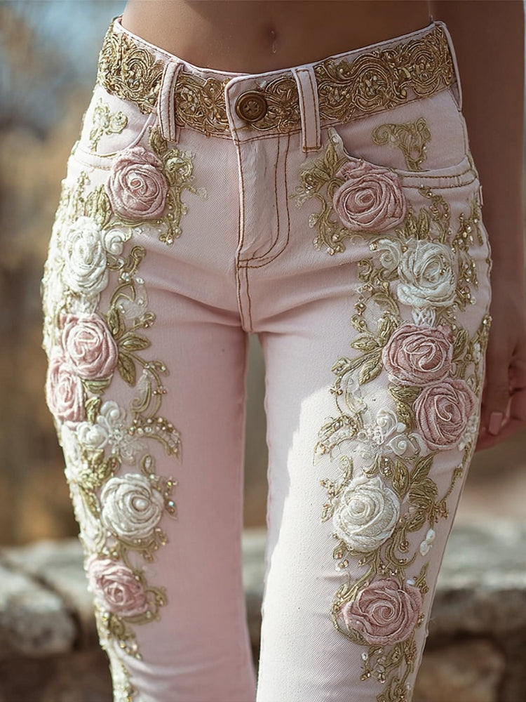 Vintage Boho Roses Embroidered Pink Skinny Jeans elevenforest