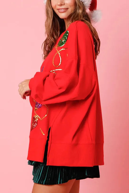 Christmas Lights Sequin Slit Pullover Sweatshirt