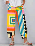 Comstylish Women's Abstract Art Geometric Pattern Linen Blend Pants