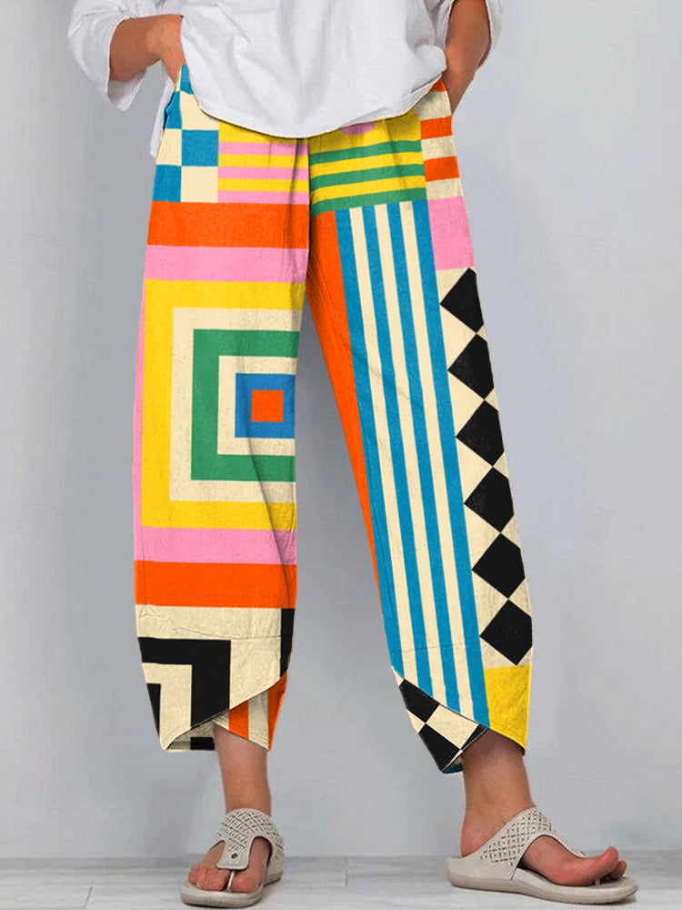Women's Abstract Art Geometric Pattern Linen Blend Pants elevenforest