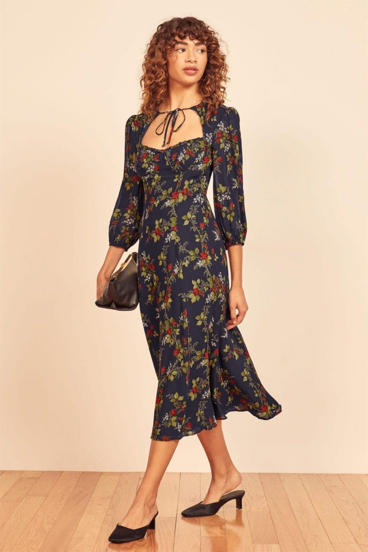 Long Sleeve Square Collar Lace Up Midi Dress