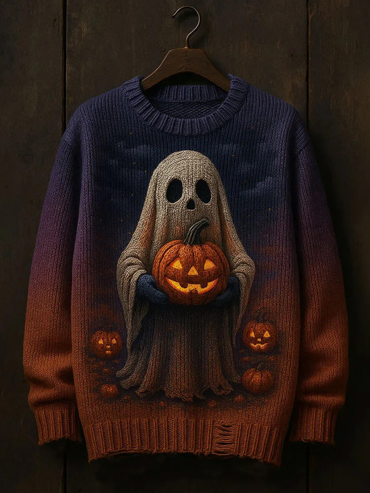 Men's Halloween Pumpkin Ghost Art Print Sweater artswardrobe