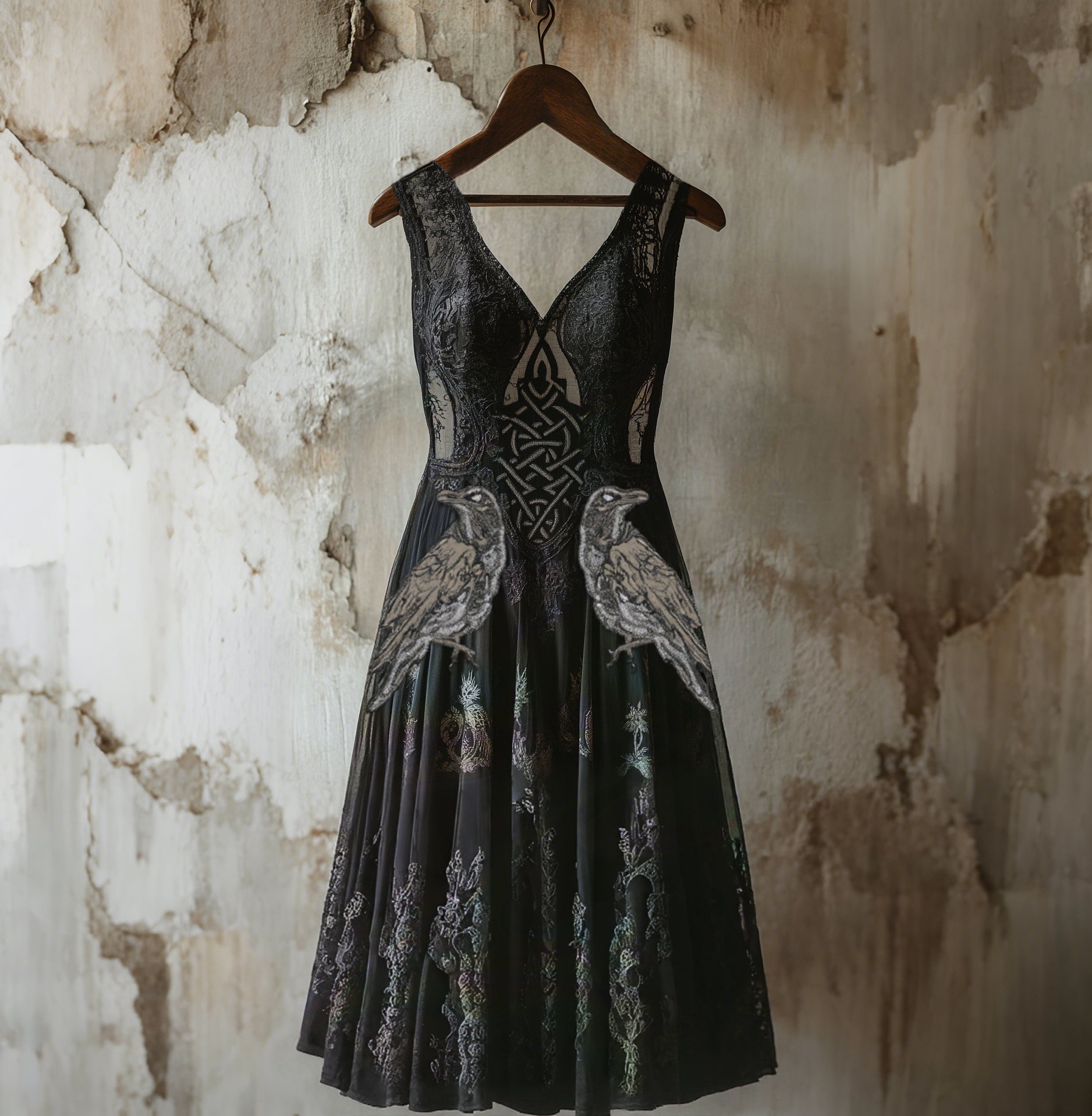 Women's Vintage Viking Raven Celtic Knot Art Linen Midi Dress elevenforest