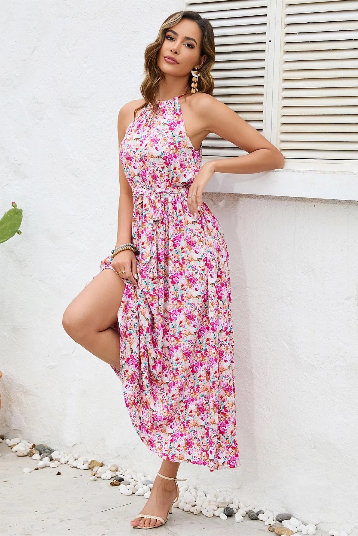 Halter Neck Lace Up Midi Dress