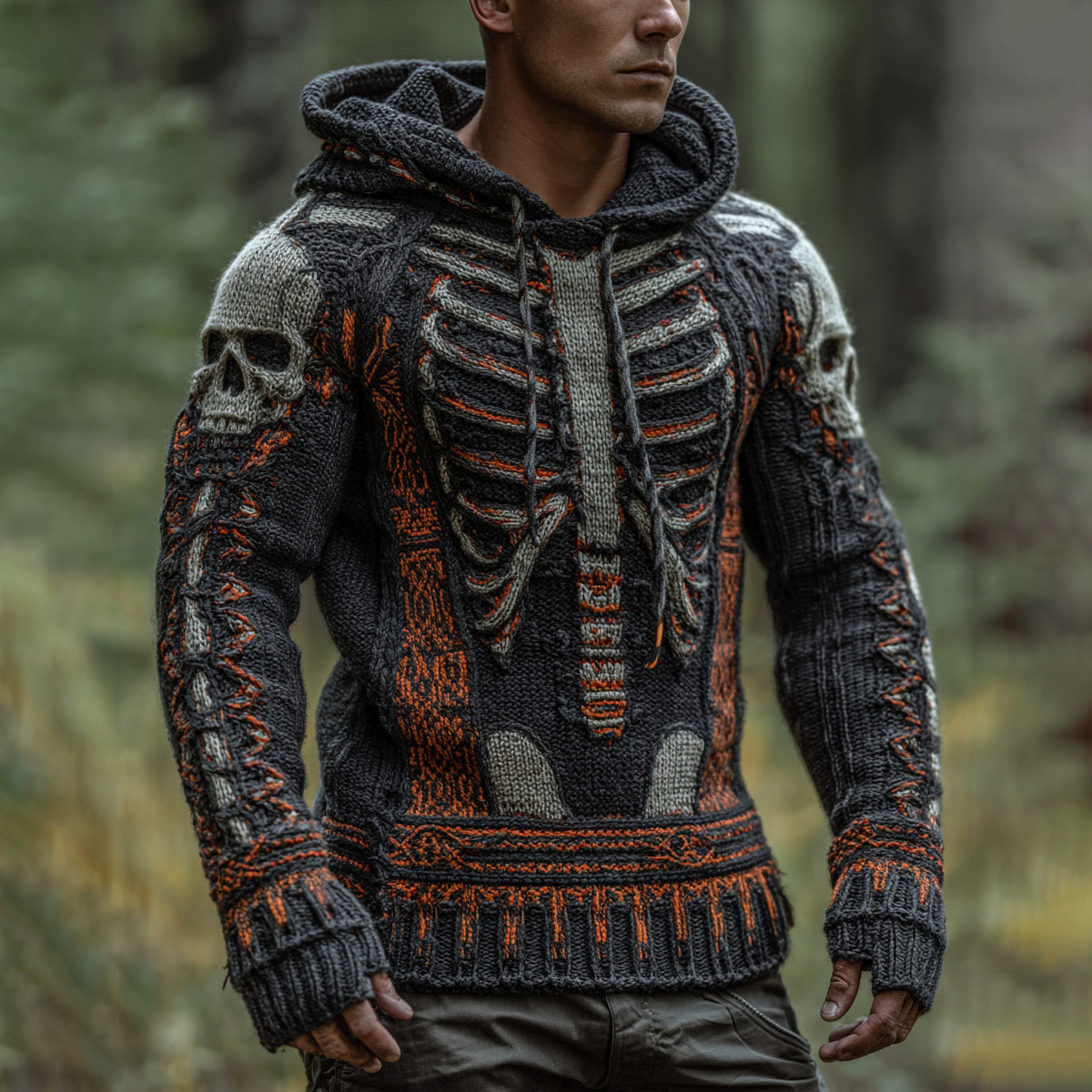 Men's Vintage Halloween Skull Art Casual Knit Hooded Sweater elevenforest