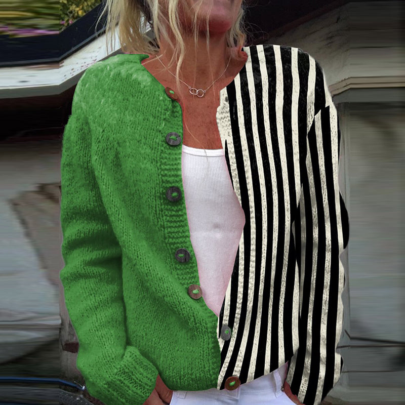 Vintage Color Blorck Stripes Art Cozy Buttoned Cardigan Sweater elevenforest