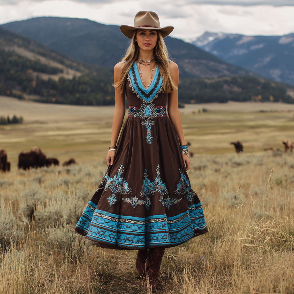 Women's Western Print V-neck Sleeveless Maxi Dress elevenforest