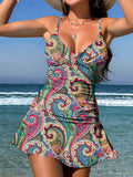 V-Neck Vintage Flowers Print Suspender Skirt Tankini Pantskirt Set Swimsuit